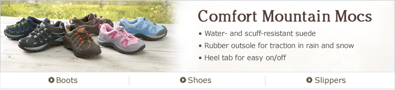 Comfort Mountain Mocs. Water- and scuff-resistant suede. Rubber outsole for traction in rain and snow. Heel tab for easy on/off.