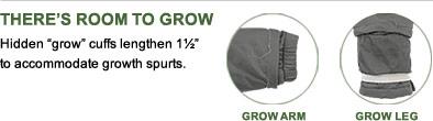 Theres Room to Grow. Hidden grow cuffs lengthen 1� to accommodate growth spurts.