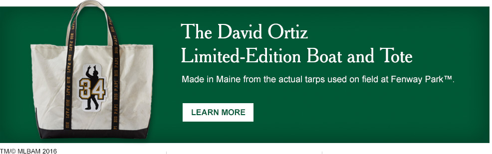 The David Ortiz Limited-Edition Boat and Tote. Made in Maine from the actual tarps used on field at Fenway Pary™.