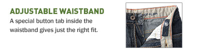 Adjustable Waistband. A special button tab inside the waistband gives just the right fit.